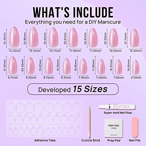 BTArtbox Press On Nails Almond - Soft Gel Press on Nails Pink Chrome Nails, Light Weight & Fit Perfectly, Natural Fake Nail with Nail Glue, Medium Glue On Nails in 15 Sizes - 30 Nail Kit, Lotus Glazed