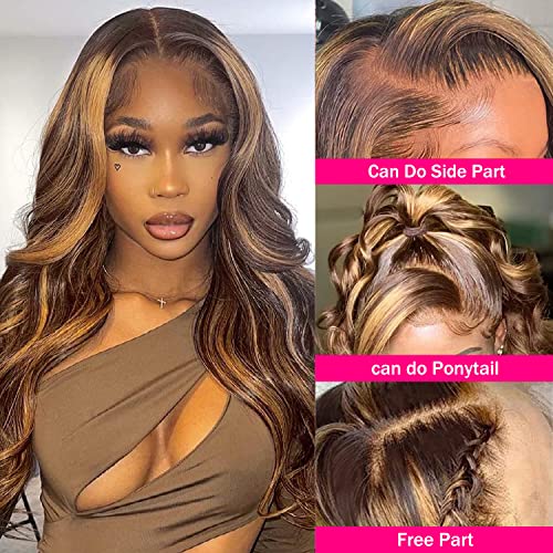 Aicrelery 26 Inch Highlight 13x6 Body Wave HD Transparent Lace Front Wigs Human Hair 4/27 Honey Blonde Body Wave Lace Frontal Wig For Women 180% Density Glueless Ombre Wig Pre Plucked with Baby Hair