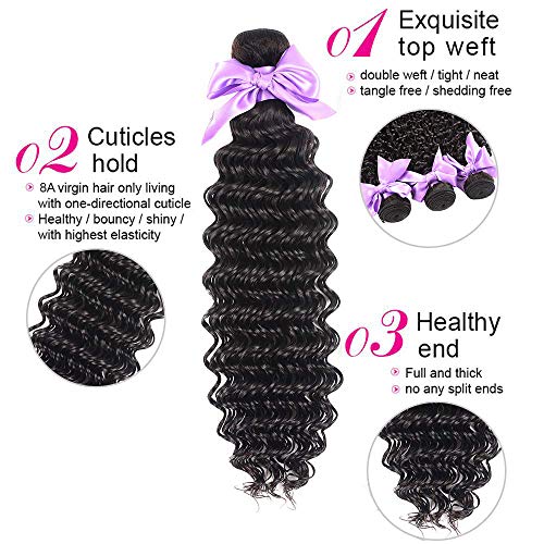Brazilian Hair Deep Wave 3 Bundles with Frontal 13x4 Free Part Lace Frontal 100% Virgin Human Hair Bundles Brazilian Hair Extensions Natural Black Color (16 18 20+14)
