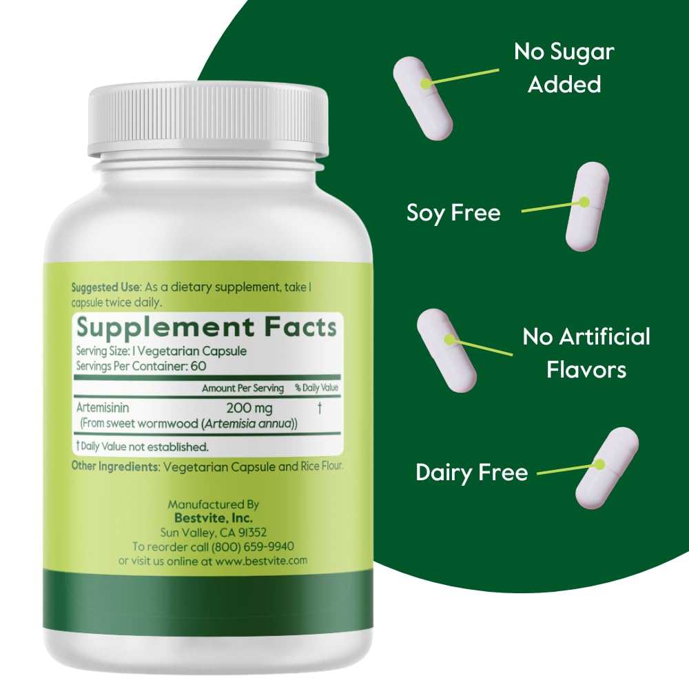 BESTVITE Artemisinin 200mg Per Capsule (60 Vegetarian Capsules) - No Stearates - No Flow Agents - Vegan - Non GMO - Gluten Free