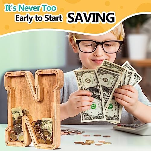 SummiDate Wooden Letter Piggy Bank| Piggy Bank for Boys Girls Toddler| Alphabet N Money Bank| Coin Bank Birthday Gift for Kids|Birthday Gift for Kids (N)