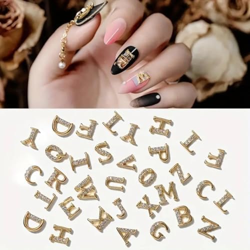 52pcs Gold Letters Nail Charms 3D Alloy English Alphabet Stud Nail Diamonds with Rhinestones Design Letter Capital Nail Gems for Women Girls Acrylic Nails Decoration Supplies Making Crafts