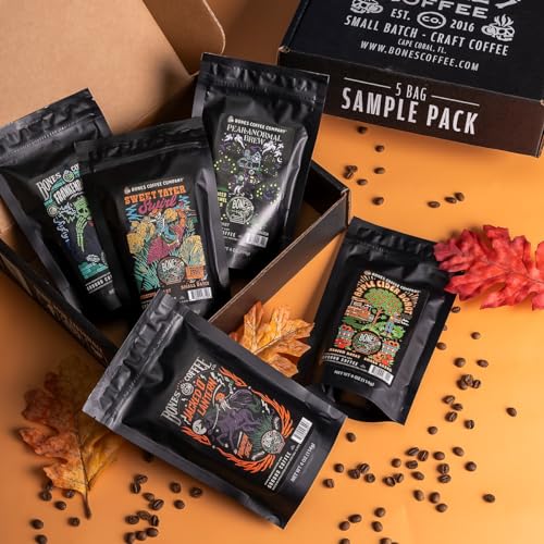 Bones Coffee Company Fall Flavors Sample Pack Gift Set, Medium Roast Ground Coffee Low Acid Flavored Coffee Beans (4 oz, Pack of 5)