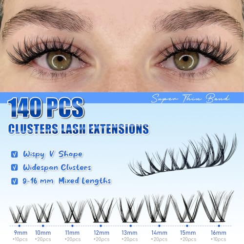 Lash Clusters Kit 9mm-16mm Eyelash Clusters C curl Lash Extension Kit Individual Lashes Cluster DIY Wispy Volume Lashes Natural Eye Lash Clusters False Mink Lash Trays with Lash Bond&Tweezers