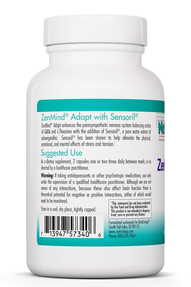 NutriCology ZenMind Adapt - 200 mg L-Theanine, 125 mg Ashwagandha & 550 mg GABA - Supports Stress Response and Calmness - Vegetarian Capsules - Hypoallergenic Formula - 30 Servings - 60 Capsules