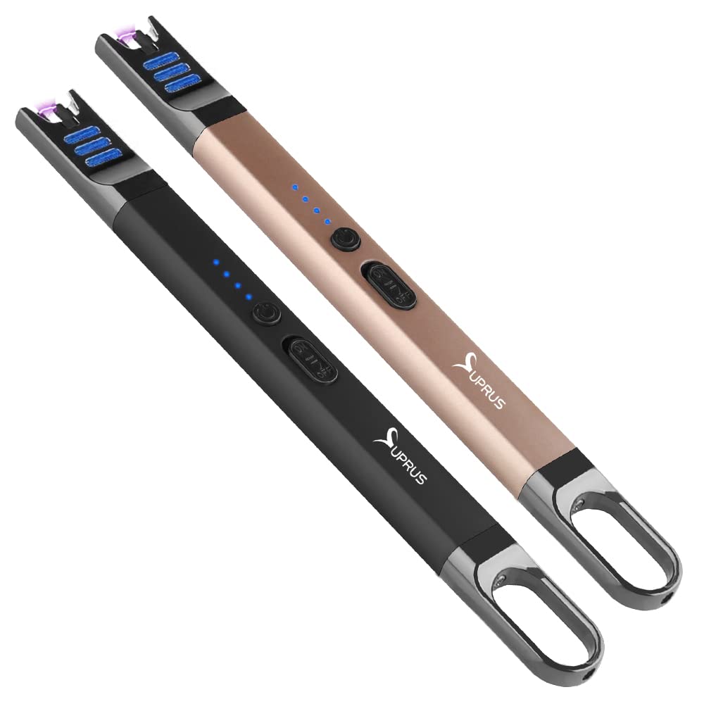 SUPRUS Candle Lighter Electric Arc Lighter Windproof Flameless USB Rechargeable Lighter with LED Light for Candle Camping BBQ Cooking (Black+Champagne Gold)