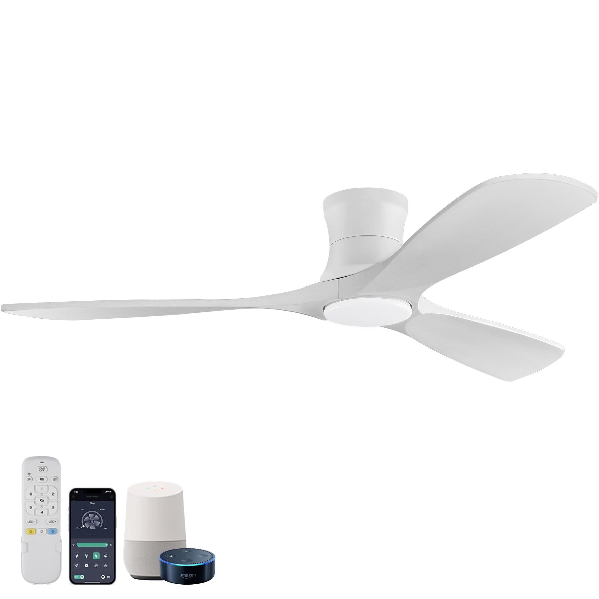 52” Smart Wood Ceiling Fans with Lights,Low Profile Flush Mount Ceiling Fan with Remote Alexa App Control,3 White Blades,Outdoor Indoor Use for Modern Bedroom Patio,Dimmable LED,6-speed,Quiet DC Motor