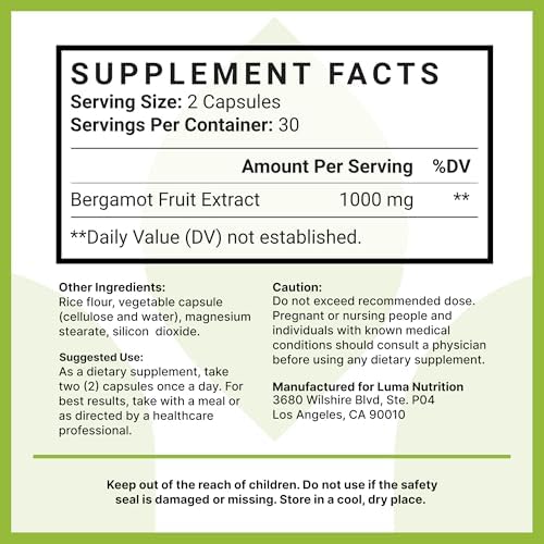 Luma Nutrition Citrus Bergamot 1000mg - Citrus Bergamot Supplement - Made in The USA - Veteran Owned - 60 Capsules