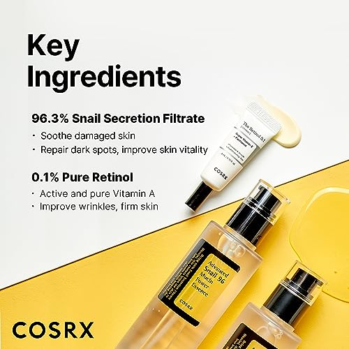COSRX Glass Skin Starter Set, Advanced Snail 96 Mucin Power Essence (1.69 fl.oz*2) & Retinol 0.1 Cream Mini (0.1 oz), Daily Hydrating & Firming Skincare Kit for Beginners, Gift Set, Korean Skincare