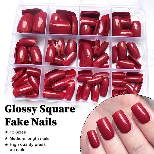 LoveOurHome 240pc Red Press on Nails Medium Square Fake Nails Press ons Square Nail Tips Red Acrylic Nails Christmas Glue on Nails False Artificial Fingernails with Glue Adhesive Tabs Women Girls