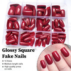 LoveOurHome 240pc Red Press on Nails Medium Square Fake Nails Press ons Square Nail Tips Red Acrylic Nails Christmas Glue on Nails False Artificial Fingernails with Glue Adhesive Tabs Women Girls