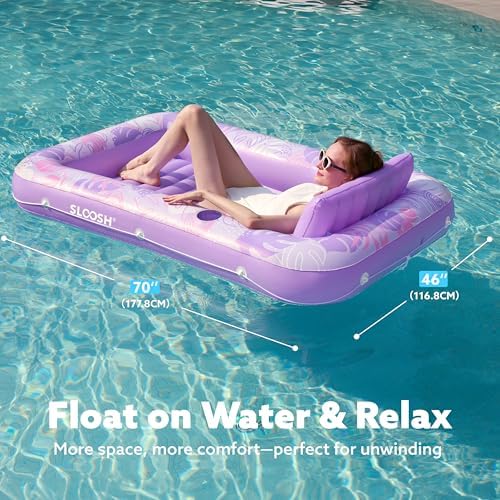 SLOOSH Inflatable Tanning Pool Lounger Float, 70" x 46" Pool Floats Adult with Pillow, 4 in 1 Suntan Tub Raft Floatie,Sunbathing Bed Lounge for Water Blow Up Kids Ball Pit Party Gifts, L-Purple