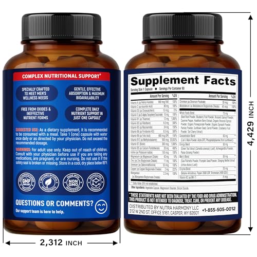 Multivitamin for Men - B-Complex | Whole Foods & Enzymes - Energy, Focus & Brain | Men's Health Complex - 46in1 Mens Multivitamin - Bioavailable & Gentle on Stomach - Made in USA - 90 Capsules, 1/Day