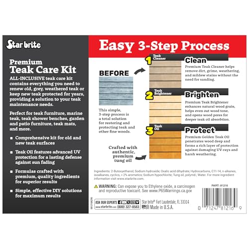STAR BRITE Teak Care 3 Step Kit - Teak Cleaner + Teak Brightener + Teak Oil - 16 OZ (081216)