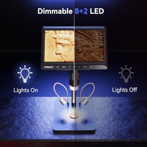 TOMLOV DM702 Digital Microscope, Full View Coin Microscope with 10" Screen, Coin Magnifier with Light for Collectors, Soldering Microscope for Micro Electronics Repair, Magnifying Glass for Adults