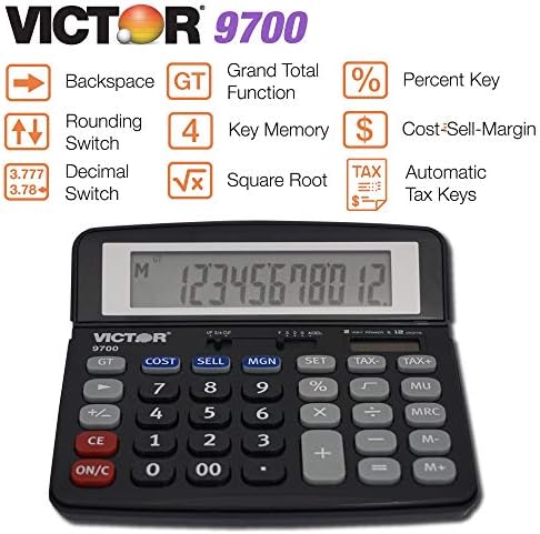 Victor 9700 12-Digit Standard Function Business Calculator, Battery and Solar Hybrid Powered Tilt LCD Display, Great for Home and Office Use, Black