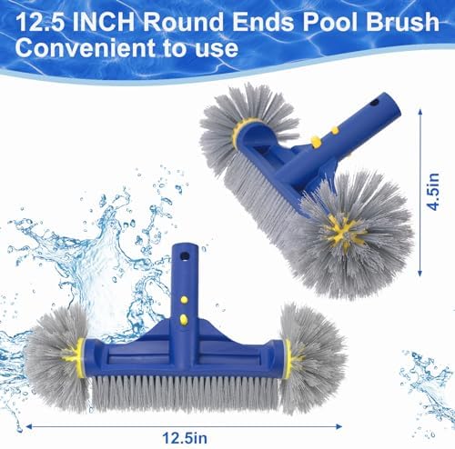 POOLAZA Premium Pool Brush with Round Ends - 12.5'' Head for Pool Walls, Tiles & Spa, High-Efficiency Scrub Brush