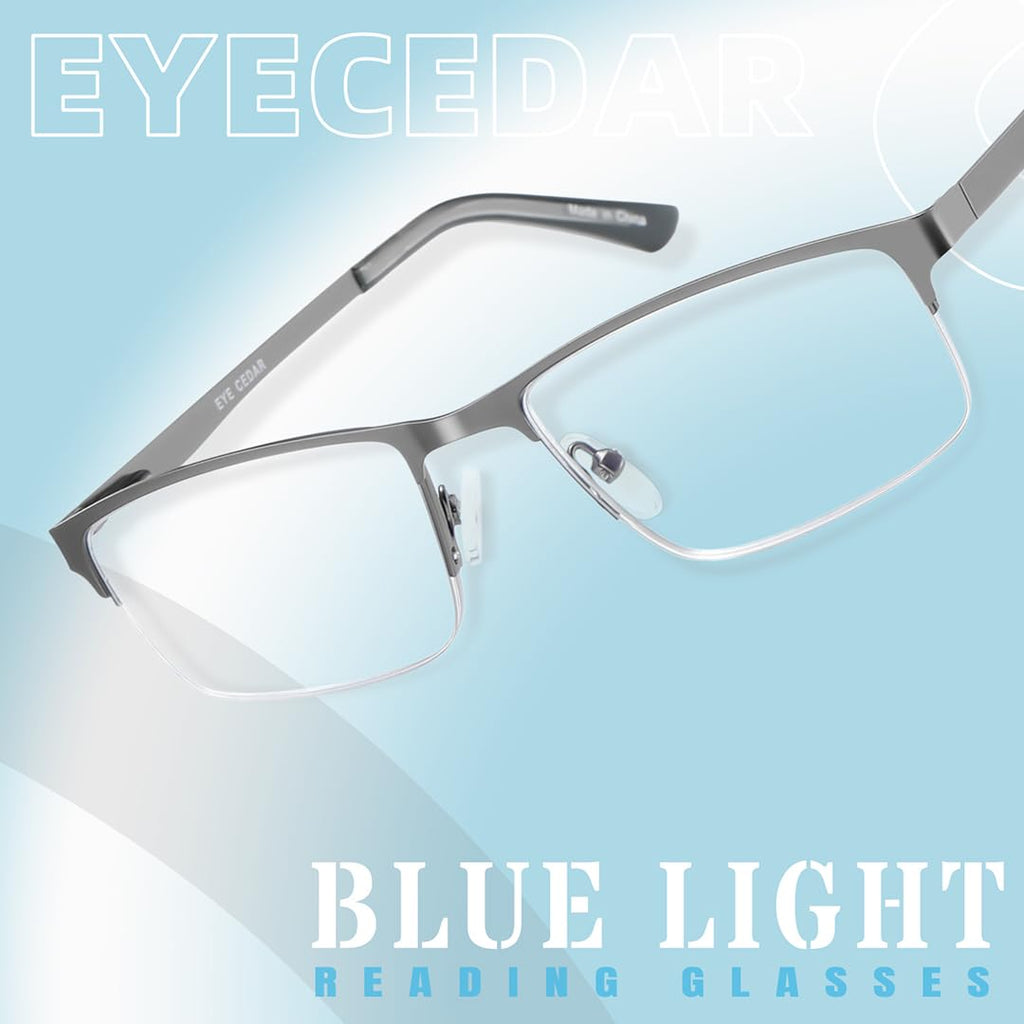 EYECEDAR 5 Pack Reading Glasses Men Blue Light Blocking Eyeglasses Gunmetal Gray Metal Half Frame Spring Hinges Readers for Men and Women 2.5