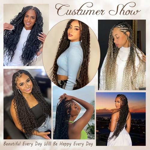 9 Packs Boho Box Braids Crochet Hair 24 Inch Goddess Box Braids Crochet Hair With Curly Ends Synthetic Bohemian Braids Hair Extension For Women (24inch, 1B/350)