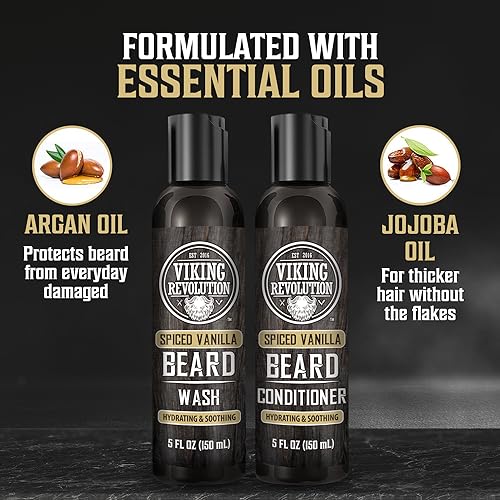 Viking Revolution Beard Wash and Beard Conditioner for Men with Argan Oil and Jojoba Oil - Beard Softener and Strengthener Beard Care Beard Shampoo and Conditioner with Beard Oil (5oz, Spiced Vanilla)