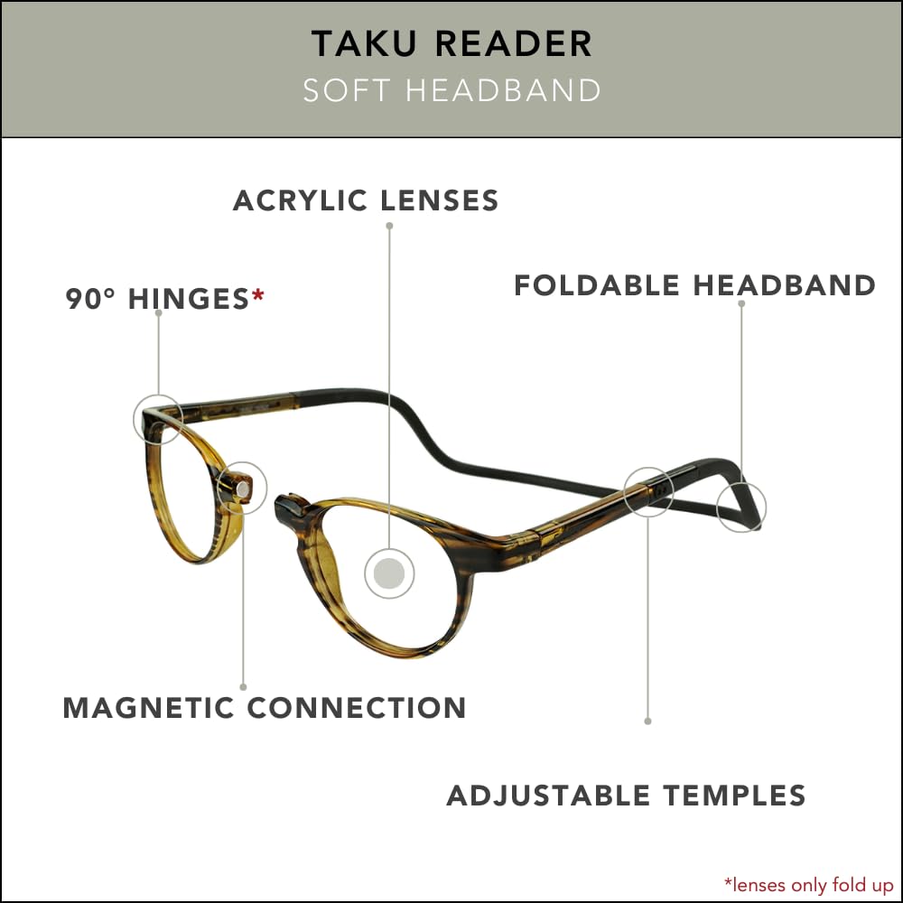 Clic Magnetic Reading Glasses for Men or Women, Soft Foldable Band, Computer Readers, Taku (S-XL, Havana, 2.50 Magnification)