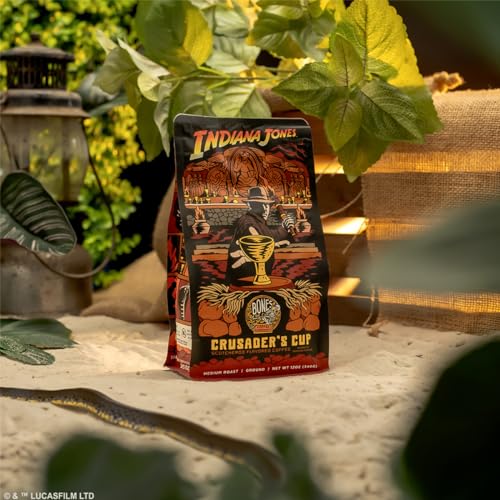 Bones Coffee Company Indiana Jones Crusader's Cup Flavored Coffee Beans, Whole Bean Coffee Medium Roast Low Acid, Scotcheroo Flavor (12 oz)