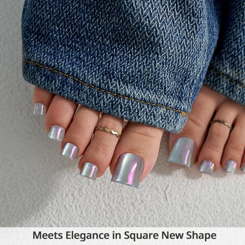 BTArtbox Press On Toenails - Lamp-Curable Real Square Chrome Toe Nail Press Ons with Glue for Women, Semi-Transparent Fake Toe Nail Tips in 15 Sizes - 30 Toenails Kit, Galaxy Gleam