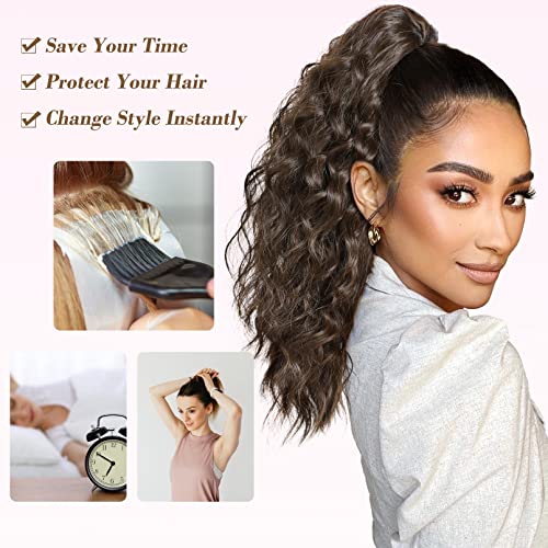 REECHO Highlight Ponytail Extension, 18 Inch Claw Multi Layered Clip on Ponytail Extension for Women Long Curly Hair Extensions Synthetic Hairpiece HP002 - Ash Brown with Platium Highlights