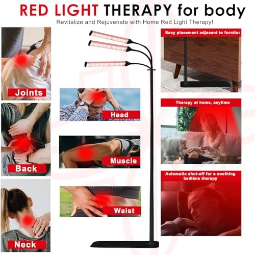Red Light Therapy Lamp with Adjustable Stand, Timer, Height, Brightness - 660nm, 660nm+850nm, 660Nm+940nm- Effective for Body and Skin Vitality, 3-Head,Black,27W