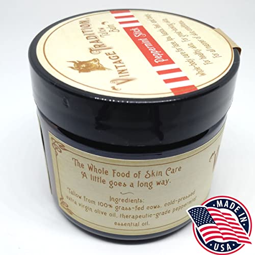 Vintage Tradition Beef Tallow All Purpose Balm – Healing, Hydrating Peppermint Oil Skin Care Salve Replaces Body Lotion, Hand Cream, More – Essential Oil, Olive Oil, and Grass-Fed Tallow, 2 fl. oz.