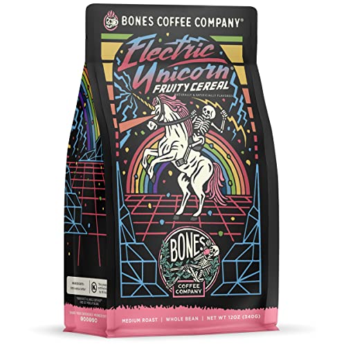 Bones Coffee Company Electric Unicorn Flavored Coffee Beans, Whole Bean Coffee Medium Roast Low Acid, Fruity Cereal With Milk Flavor (12 oz)