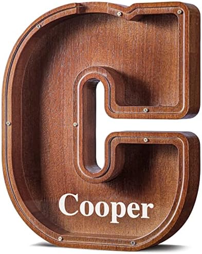 Summidate Customized Name Extra Large Wooden Piggy Bank for Kids Boys Girls Alphabets Letter A-Z Coins Bills Money Change Saving Box Clear Cover (Laser Engraved) Educational Toys 12"- Letter C