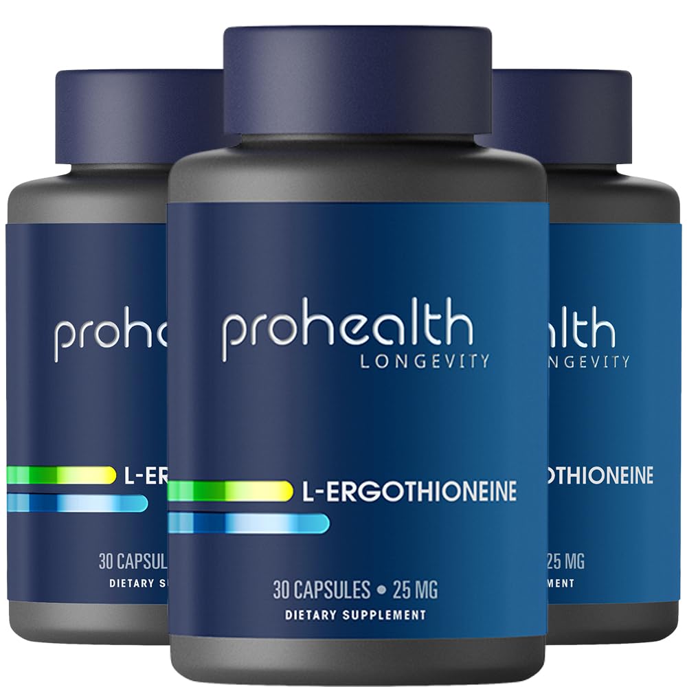 ProHealth Ergothioneine 5X Strength. 25mg Clinical Research Dose. Natural Amino Acid Mushroom Supplement for Improved Cognition, Heart Health. Longevity Vitamin. 25 mg/Serving, 30 Servings (3 Pack)