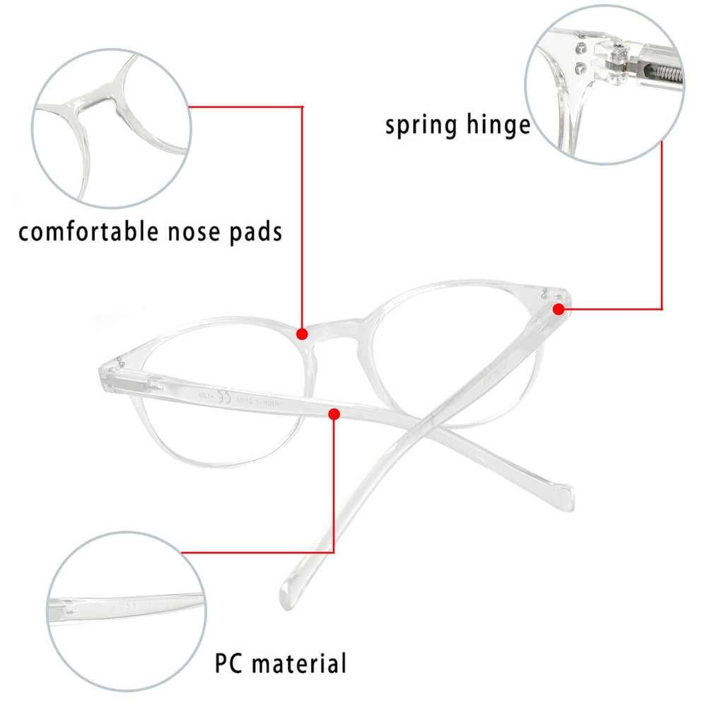 NORPERWIS 5 Pairs Reading Glasses - Standard Fit Spring Hinge Readers Glasses for Men and Women (5 Pack Transparent, 1.50)