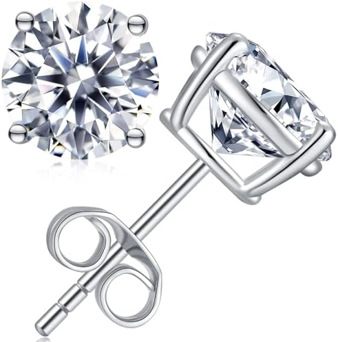 Moissanite Stud Earrings Hypoallergenic 925 Sterling Silver stud Earrings for Women Round Cut D Color VVS1 18K White Gold Plated Lab Created Moissanite Earrings for Women Men 0.3ct-2ct