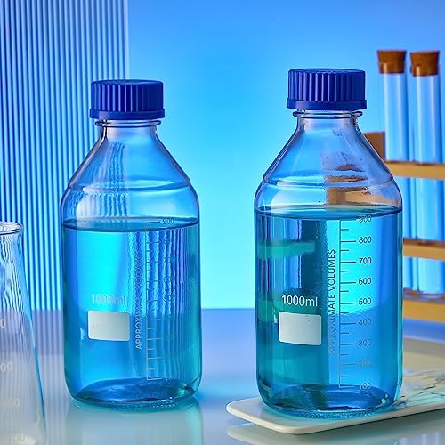 Irenare 8 Pieces Media Storage Bottles Borosilicate Storage Glass Scientific Round Graduated Media Bottle with Blue Gl45 Screw Cap for Lab Water Reagent Liquids(1000 ml)