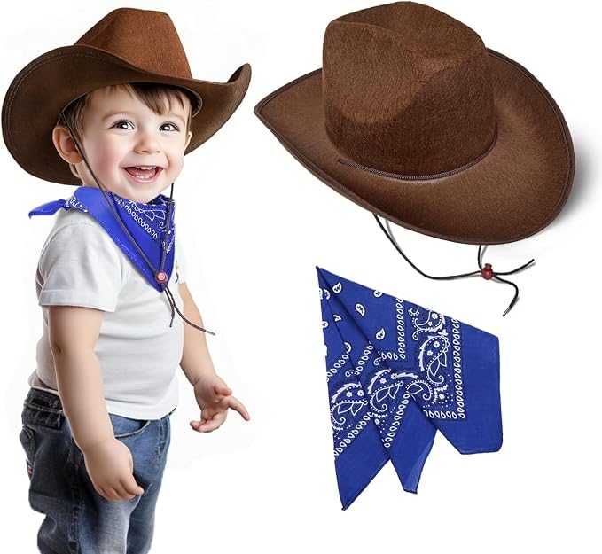 SeptCity Toddler Cowboy Hat and Blue Bandana for Age 2-5 (Brown)