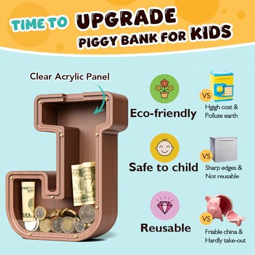 Summidate Wooden Letter Piggy Bank, Extra Thick Large Capacity Piggy Bank for Kids Boys Girls Toddler, Alphabet J Money Bank| Coin Box Birthday, Christmas, Festival
