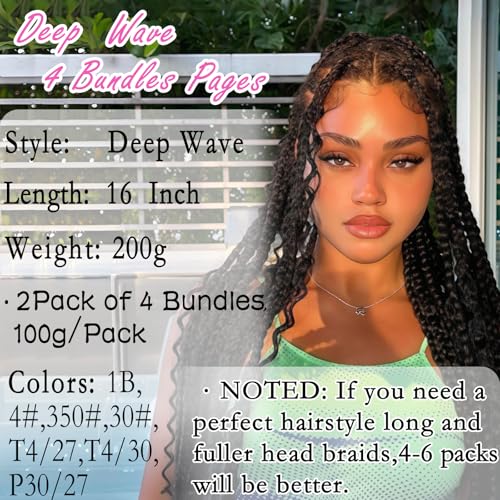 Human Braiding Hair Mix Synthetic Boho Hair for Braiding, 16 Inch 200g Boho Braids 4 Bundles Wet and Wavy Curly Deep Wave Bulk Bohemian Extensions for Black Women (1B, 16inch)