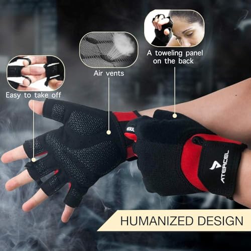 ATERCEL Workout Gloves for Men and Women, Exercise Gloves for Weight Lifting, Cycling, Gym, Training, Breathable and Snug fit (Red, S)