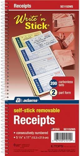 Adams Write n' Stick Receipt Book, 2-Part, Carbonless, White/Canary, 5-1/4" x 11", Spiral Bound, 200 Sets per Book, 4 Receipts per Page (SC1152WS)