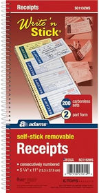 Adams Write n' Stick Receipt Book, 2-Part, Carbonless, White/Canary, 5-1/4" x 11", Spiral Bound, 200 Sets per Book, 4 Receipts per Page (SC1152WS)
