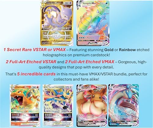 5 Pokemon Card VMAX/VSTAR Bundle - X2 VSTAR - X2 VMAX - X1 Secret Rare - No Duplicates