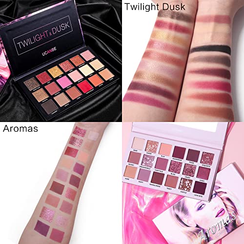 2Pcs Twilight Dusk + Aromas Nude Eyeshadow Palette Makeup Set, Matte Shimmer Glitter Pressed Pearl All Highly Pigmented Blending Powder, Natural Velvet Texture Eye Shadow Kit