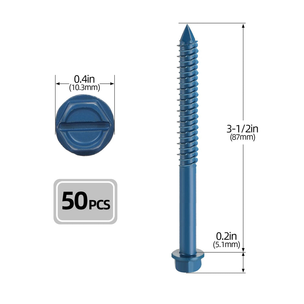 1/4" x 3-1/2" Concrete Screws, 50 PCS Blue Hex Washer Head Concrete Screws Anchor Kit with Drill Bit and Hex Bit Socket, for Masonry, Cement, Block, Brick or Stucco