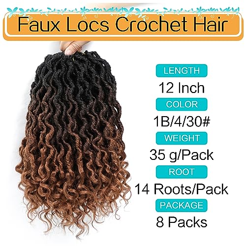 Karida Goddess Locs Crochet Hair 14 Inch, 8 Packs Faux Locs Crochet Hair for Black Women, Pre Looped Crochet Faux Locs With Curly Ends (14 Inch (Pack of 8), 1B/4/30#)