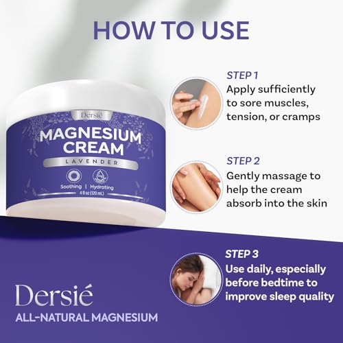 Dersie Magnesium Cream for Sleep & Leg Cramps: Soothing Magnesium Lotion with Lavender, Grape & Camellia Seed Oil - Hydrating & Calming for Men, Women and Kids (4 fl oz)