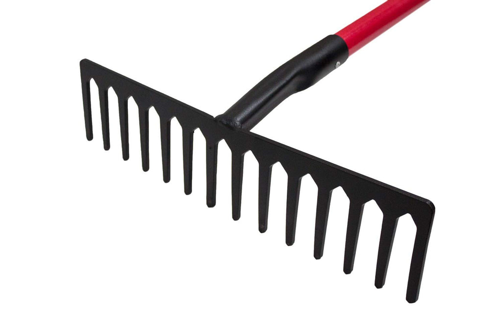 Bully Tools 14-Tine Level Head Rake | 60" Fiberglass Long Handle 16" Wide Head Garden Rake Heavy Duty Metal Tool for Soil Leveling, Spreading Mulch Gravel and Thatch | 100% Made in USA