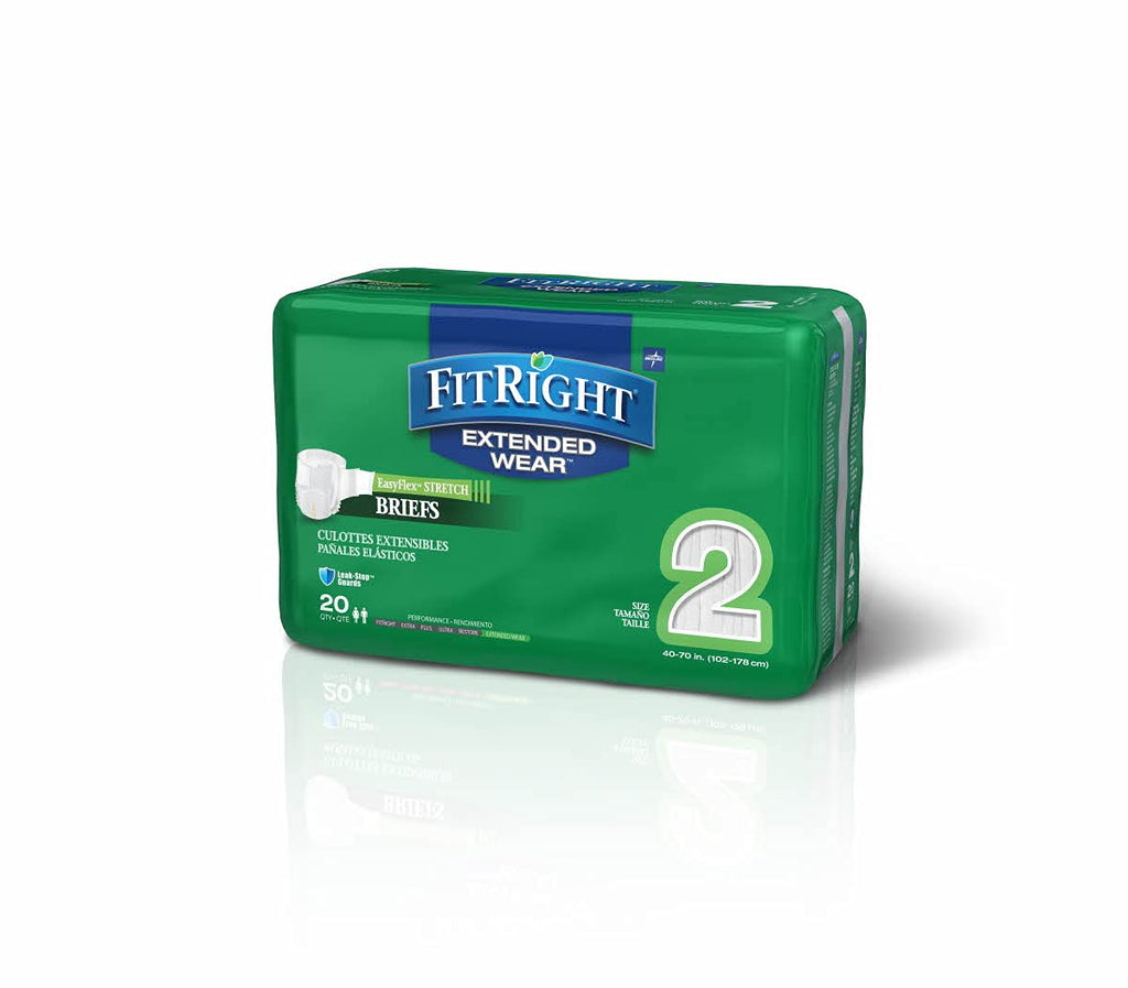 FitRight Extended Wear Stretch Brief, Overnight Absorbency, Size 2, 40 to 70" Waist, 20 Count (Pack of 4)
