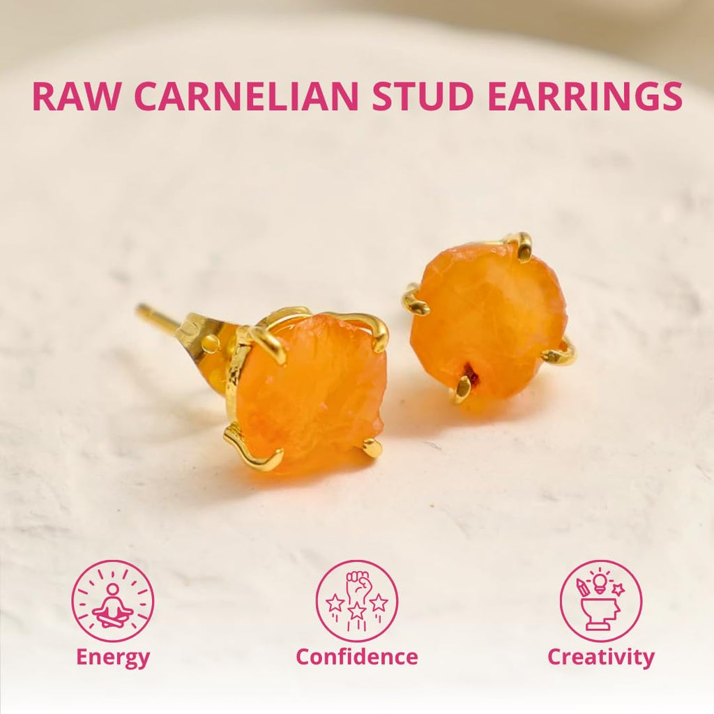 Gempires Raw Orange Carnelian Stud Earrings for Women, Gold Crystal
